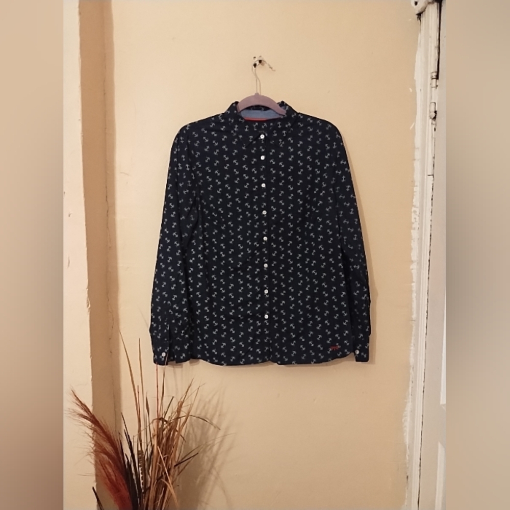 Talbots Wm 100% Cotton Button Up Fun Anchor Novelty Print Navy‎ Blue Shirt Sz 10